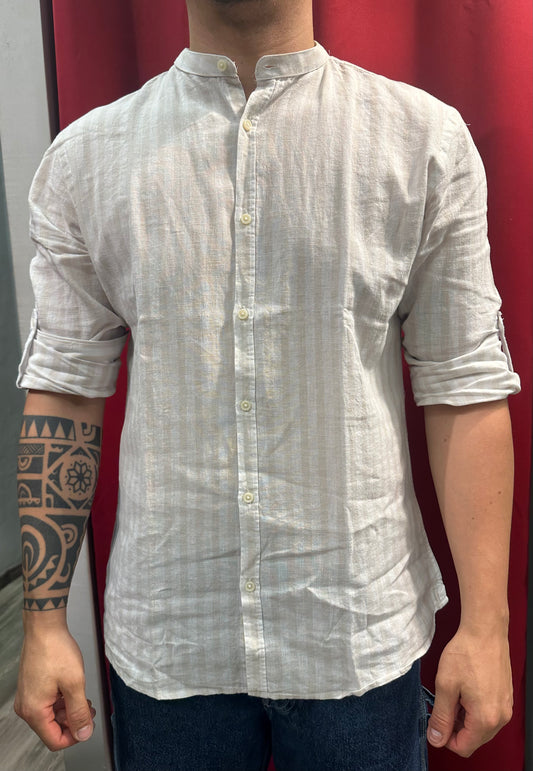 Camicia Collo Coreana Misto Lino Righe