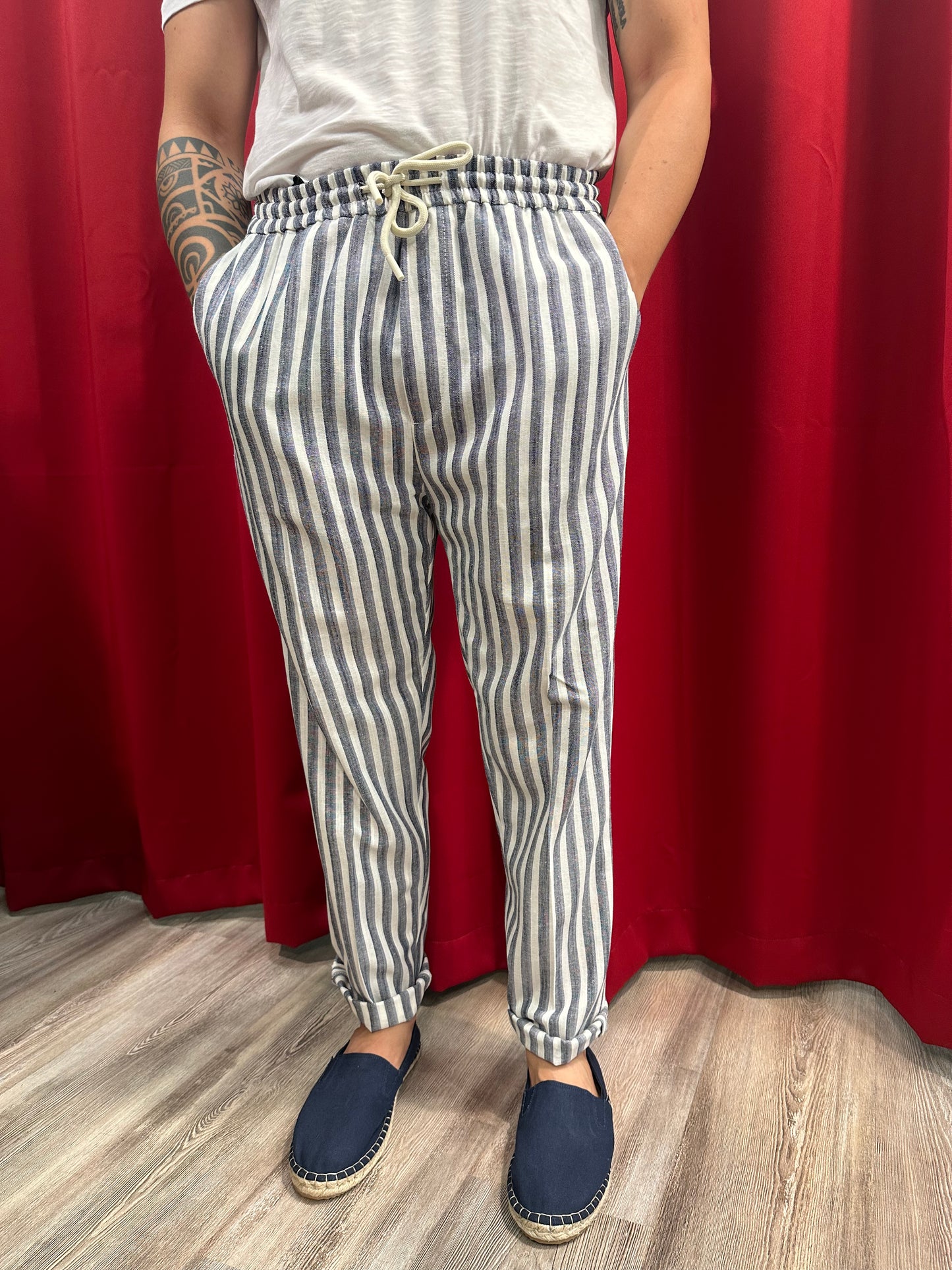 Pantalone Righe Misto Lino